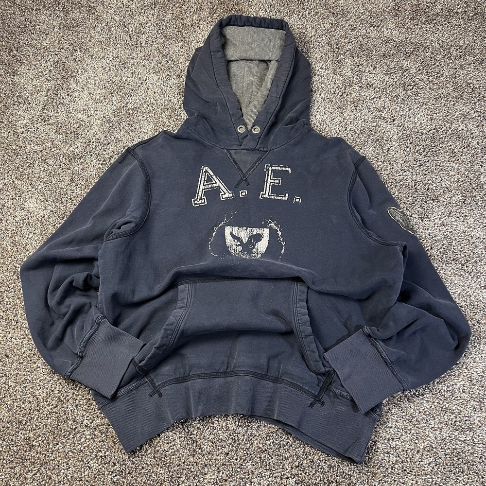 Vintage Y2K American Eagle Mens Size L Thermal Lined Navy Pullover Hoodie Faded